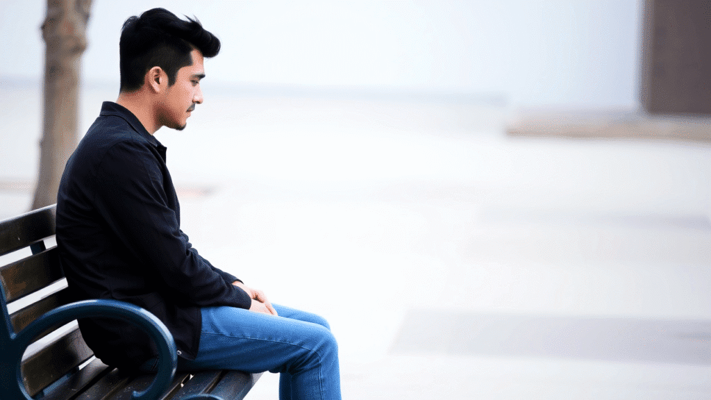 Negative Gedanken loswerden: 7 Tipps gegen Grübeln & ständige Negativität 3 negative gedanken loswerden - Eine Person sitzt auf einer Bank und schaut nachdenklich auf den Boden