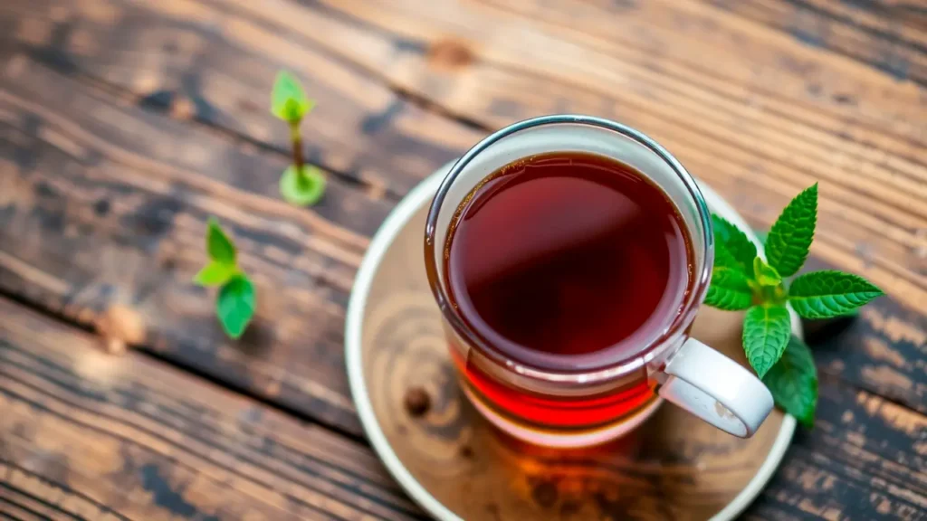 Wenn alles zu viel wird: 5 Tipps gegen Erschöpfung und Überforderung 6 wenn alles zu viel wird -- Eine Tasse Kräutertee auf einem Holztisch, mit einer kleinen Pflanze in der Nähe.