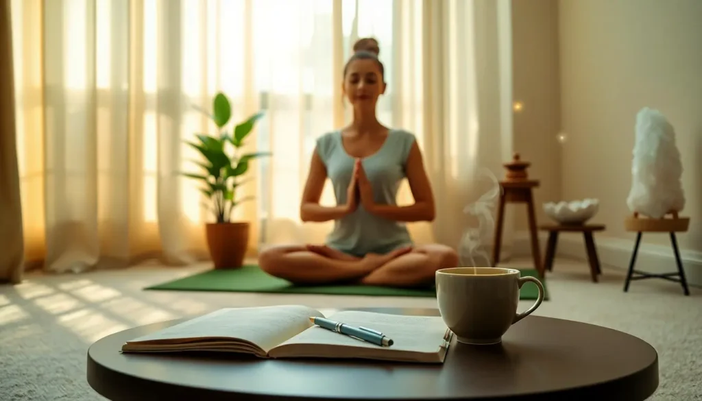 Eine beruhigende Innenraumszene zeigt eine Person, die auf einer Yogamatte meditiert, umgeben von einem Tagebuch, Kräutertee, Zimmerpflanzen, einer Salzkristalllampe und einem Aromadiffuser, die zusammen verschiedene stressreduzierende Entspannungstechniken in einem Raum visuell darstellen.