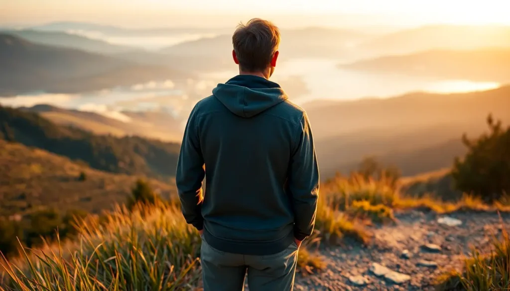 Das Bild zeigt eine Person, die von hinten zu sehen ist und auf einem Hügel steht. Sie blickt auf eine weite, neblige Tallandschaft, die von der aufgehenden Sonne in warmes, goldenes Licht getaucht wird. Die Szene vermittelt ein tiefes Gefühl von Frieden, Naturverbundenheit und dem Erreichen eines persönlichen Ziels auf dem Weg zu mehr Lebensqualität.