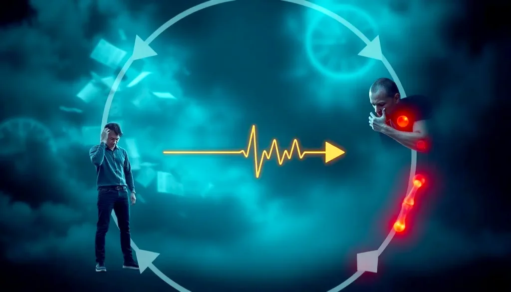 Eine kreisförmige Schleifenillustration zeigt eine Person, die in einer Phase Stress erlebt, und in der nächsten Phase Schmerzen durch rheumatoide Arthritis, verbunden durch Pfeile, die den endlosen Kreislauf symbolisieren, in dem emotionale Belastung körperliche Symptome anheizt und umgekehrt.