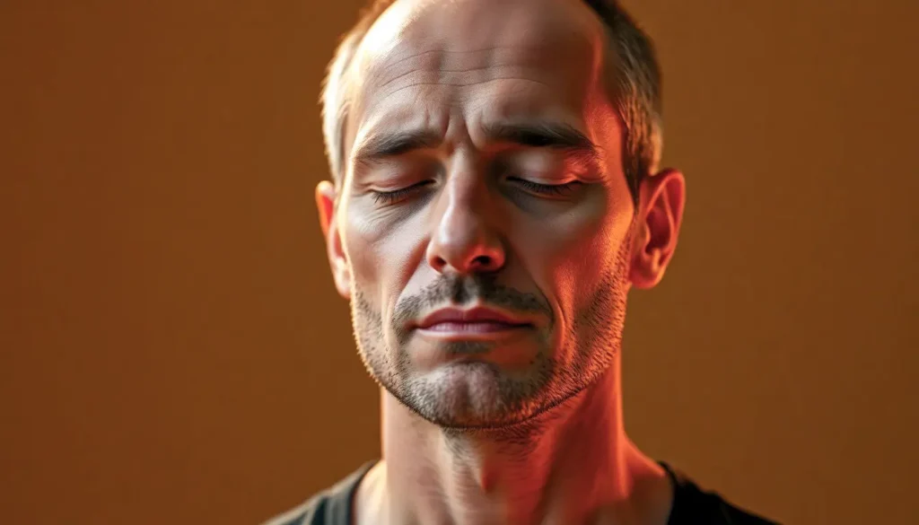 Negative Gedanken und Körpersignale Körperintelligenz stärken - Eine Person atmet tief ein, mit einem friedlichen Ausdruck im Gesicht_