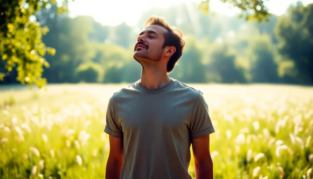 Körperintelligenz stärken: Lerne, deine Intuition zu nutzen 6 Körperintelligenz stärken - Eine ruhige Landschaft mit einer Person, die tief entspannt einatmet