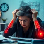 Rheumatoide Arthritis & Psyche - Erschöpfte Frau sitzt an einem chaotischen Schreibtisch, mit dem Kopf in den Händen. Rötlich leuchtende Handgelenke und Finger symbolisieren Rheumaschmerzen. Im Hintergrund stressvolle Alltagsszenen wie tickende Uhr und Papierstapel, aus ihrem Kopf steigen dunkle Wolken mit Gelenkstrukturen – Verbindung zwischen Stress und rheumatoider Arthritis.