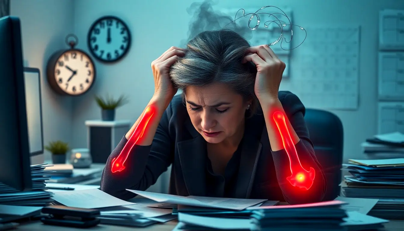 Rheumatoide Arthritis & Psyche - Erschöpfte Frau sitzt an einem chaotischen Schreibtisch, mit dem Kopf in den Händen. Rötlich leuchtende Handgelenke und Finger symbolisieren Rheumaschmerzen. Im Hintergrund stressvolle Alltagsszenen wie tickende Uhr und Papierstapel, aus ihrem Kopf steigen dunkle Wolken mit Gelenkstrukturen – Verbindung zwischen Stress und rheumatoider Arthritis.