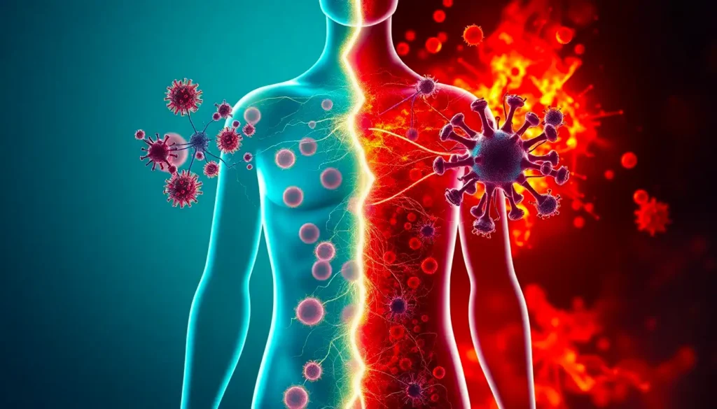 Eine halbtransparente menschliche Figur zeigt auf einer Körperseite ein gesundes Immunsystem und auf der anderen Seite ein durch Stress geschädigtes Immunsystem, mit Blitzsignalen vom Gehirn und wirbelnder Energie, die Stress als Auslöser für Immunfunktionsstörungen veranschaulichen.