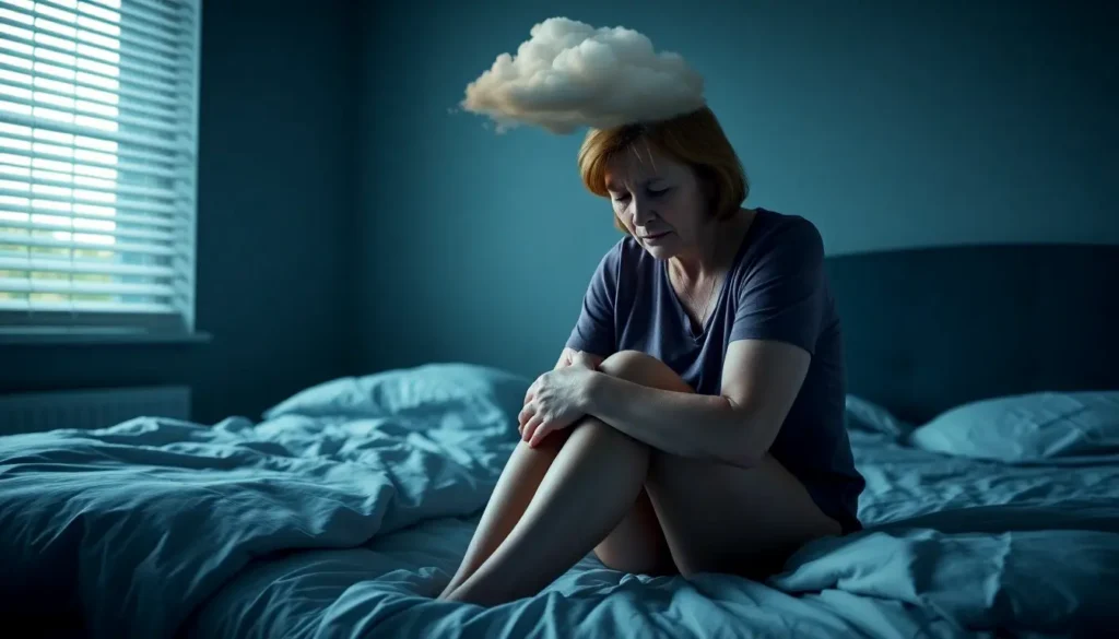 Rheumatoide Arthritis & Psyche - Eine Frau sitzt auf ihrem Bett und hält ihre entzündeten Knie, ihr Gesicht zeigt Schmerz und Erschöpfung. Um sie schweben Stresssymbole wie eine tickende Uhr, chaotische Kalender und eine dunkle Wolke, die sich mit schwachen Gelenkskizzen verbindet und die Verbindung zwischen Stress und rheumatoider Arthritis darstellt.