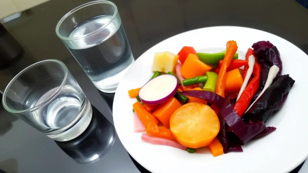 Morgensteifheit bei Rheuma - Ein Teller mit buntem Gemüse liegt neben einem Glas Wasser.